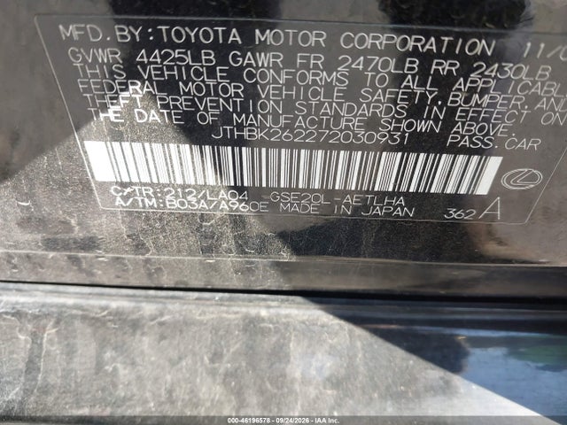 46196578 :رقم المزاد ، JTHBK262272030931 vin ، 2007 Lexus Is 250 مزاد بيع