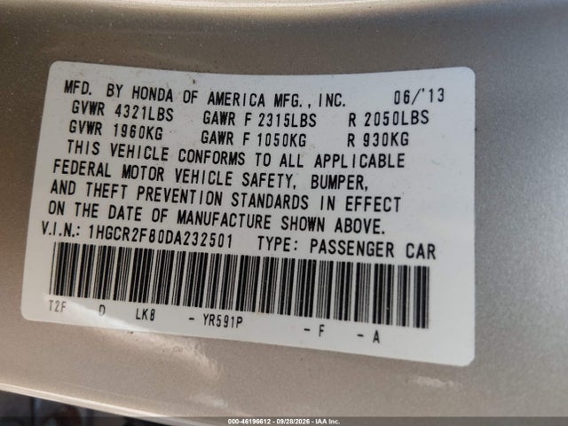 46196612 :رقم المزاد ، 1HGCR2F80DA232501 vin ، 2013 Honda Accord Sdn Ex-l مزاد بيع