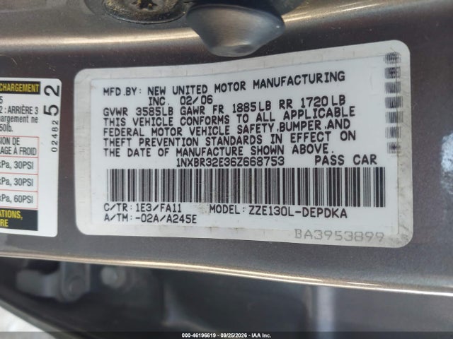 Продаж на аукціоні авто 2006 Toyota Corolla Ce, vin: 1NXBR32E36Z668753, номер лоту: 46196619