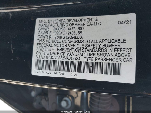 Aukcja sprzedaży 2021 Honda Accord Sport 2.0t, vin: 1HGCV2F32MA018934, numer aukcji: 46196641