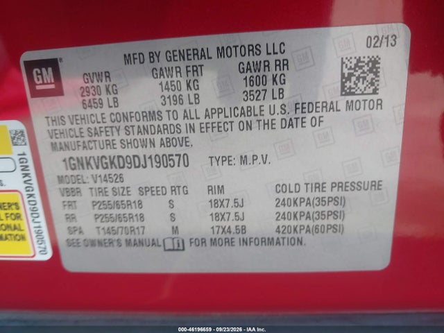Auction sale of the 2013 Chevrolet Traverse 1lt, vin: 1GNKVGKD9DJ190570, lot number: 46196659