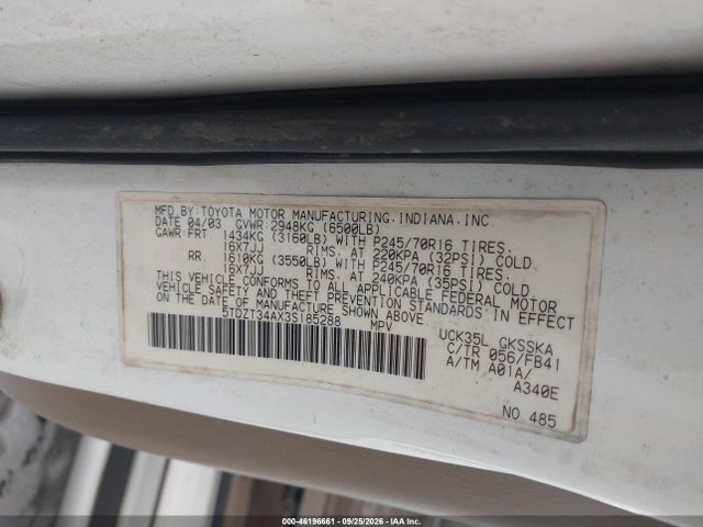 46196661 :رقم المزاد ، 5TDZT34AX3S185288 vin ، 2003 Toyota Sequoia Sr5 مزاد بيع