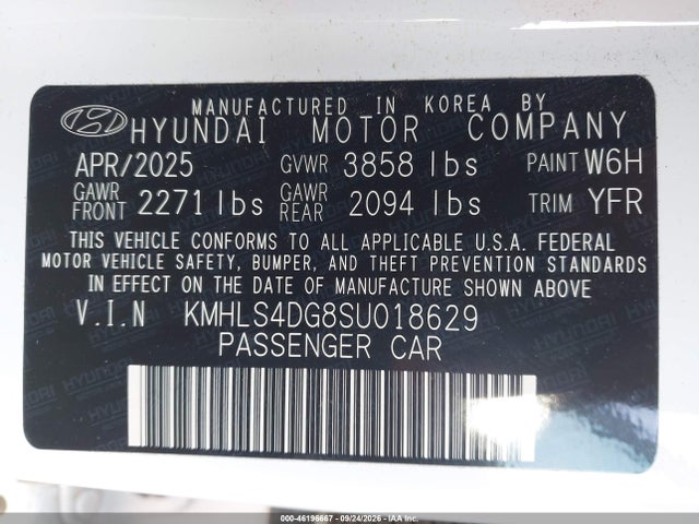 2025 Hyundai Elantra Sel Convenience მანქანა იყიდება აუქციონზე, vin: KMHLS4DG8SU018629, აუქციონის ნომერი: 46196667