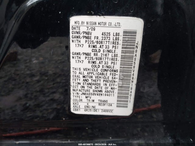 Продаж на аукціоні авто 2009 Nissan Rogue Sl, vin: JN8AS58V49W194011, номер лоту: 46196675