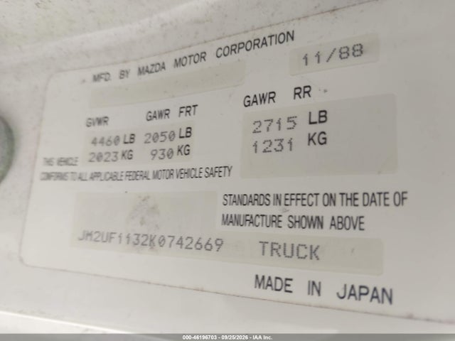 Продаж на аукціоні авто 1989 Mazda B2200 Short Bed, vin: JM2UF1132K0742669, номер лоту: 46196703