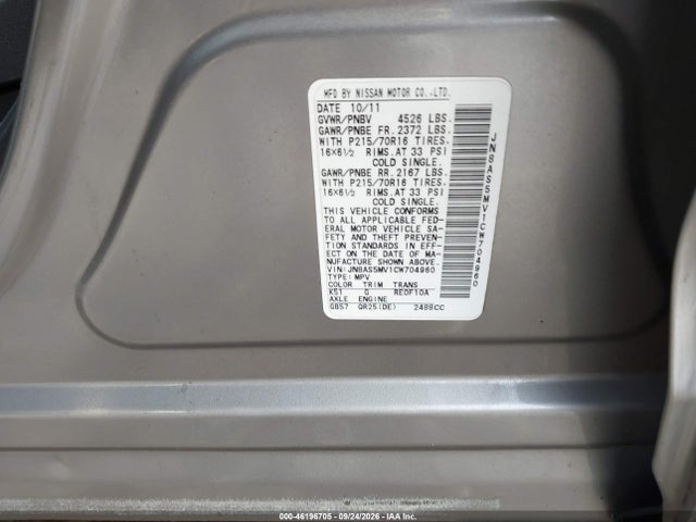 46196705 :رقم المزاد ، JN8AS5MV1CW704960 vin ، 2012 Nissan Rogue S مزاد بيع