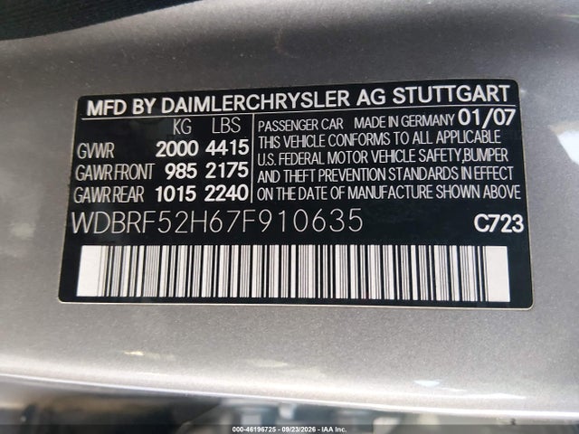 2007 Mercedes-benz C 230 Sport მანქანა იყიდება აუქციონზე, vin: WDBRF52H67F910635, აუქციონის ნომერი: 46196725