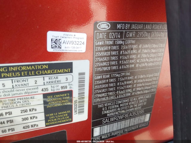 46196726 :رقم المزاد ، SALWR2WF8EA353295 vin ، 2014 Land Rover Range Rover Sport 3.0l V6 Supercharged Hse مزاد بيع