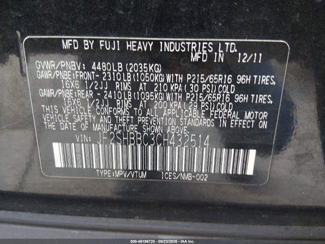 46196728 :رقم المزاد ، JF2SHBBC3CH432514 vin ، 2012 Subaru Forester 2.5x مزاد بيع