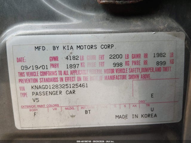 Aukcja sprzedaży 2002 Kia Optima Lx/se, vin: KNAGD128325125461, numer aukcji: 46196749