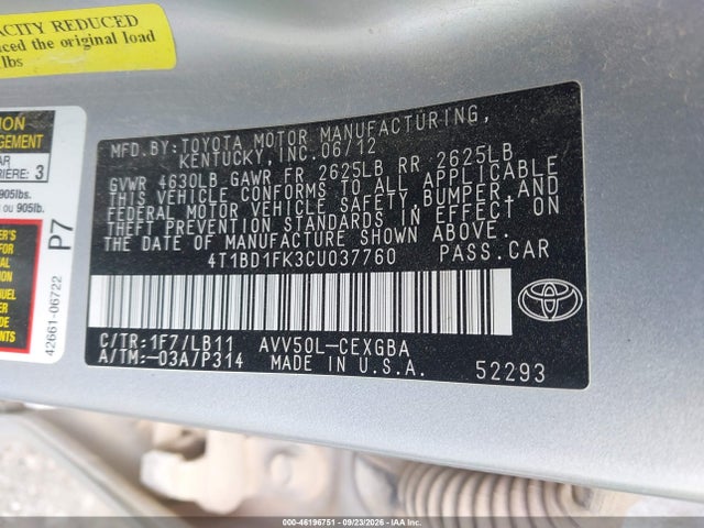Продаж на аукціоні авто 2012 Toyota Camry Hybrid Xle, vin: 4T1BD1FK3CU037760, номер лоту: 46196751