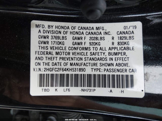 46196756 :رقم المزاد ، 2HGFC2F64KH531890 vin ، 2019 Honda Civic Lx مزاد بيع