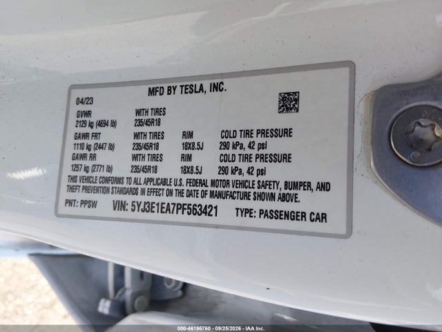 46196760 :رقم المزاد ، 5YJ3E1EA7PF563421 vin ، 2023 Tesla Model 3 Rear-wheel Drive مزاد بيع