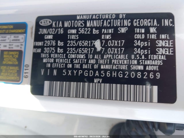 2017 Kia Sorento 3.3l Lx მანქანა იყიდება აუქციონზე, vin: 5XYPGDA56HG208269, აუქციონის ნომერი: 46196763