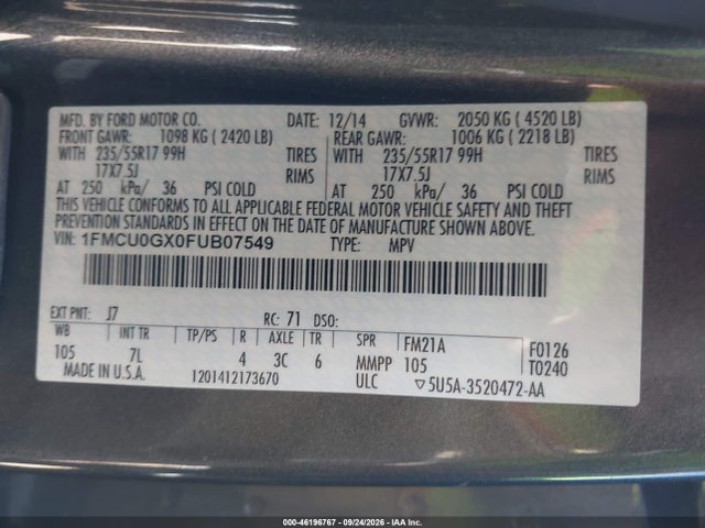 46196767 :رقم المزاد ، 1FMCU0GX0FUB07549 vin ، 2015 Ford Escape Se مزاد بيع