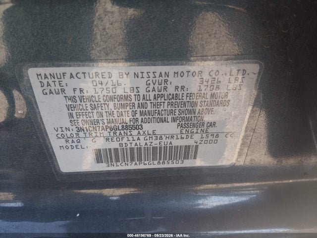 46196769 :رقم المزاد ، 3N1CN7AP6GL885503 vin ، 2016 Nissan Versa 1.6 S+ مزاد بيع