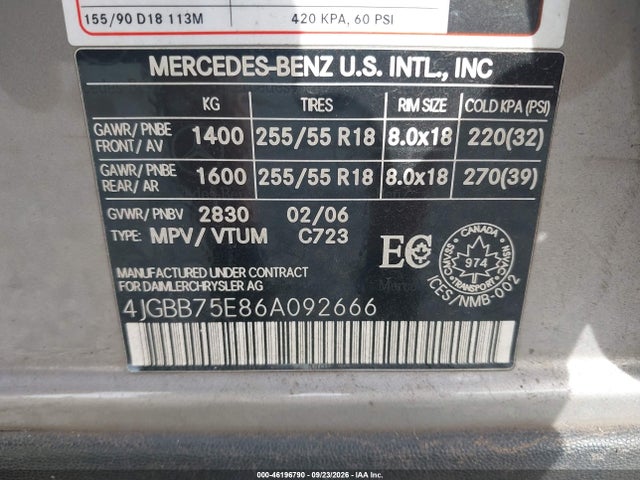 Продажа на аукционе авто 2006 Mercedes-benz Ml 500 4matic, vin: 4JGBB75E86A092666, номер лота: 46196790