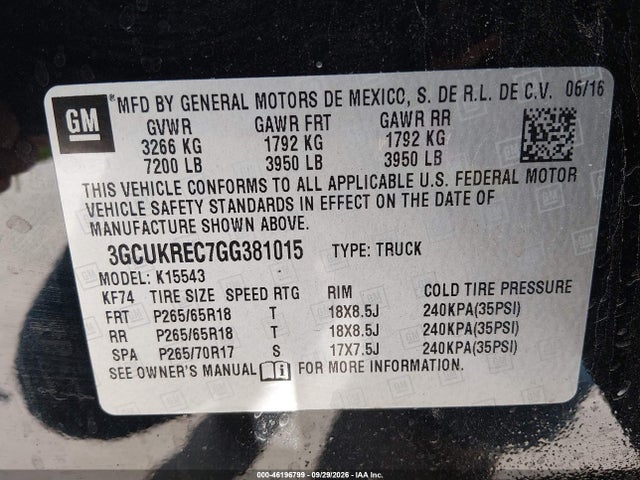 Aukcja sprzedaży 2016 Chevrolet Silverado 1500 2lt, vin: 3GCUKREC7GG381015, numer aukcji: 46196799