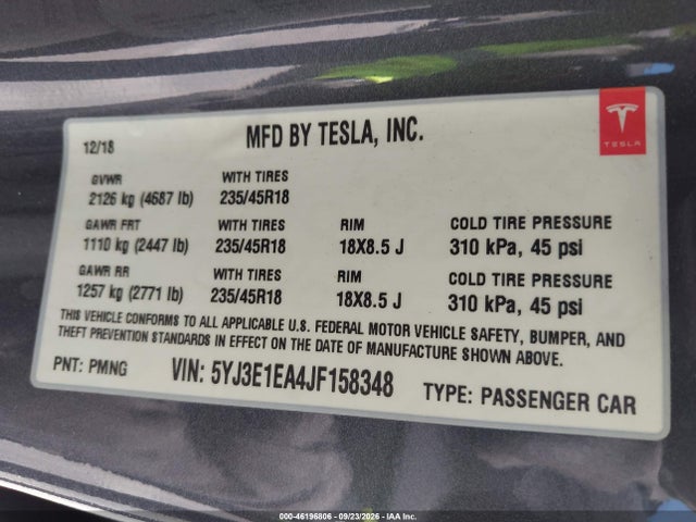 Aukcja sprzedaży 2018 Tesla Modelo 3 Long Range/mid Range, vin: 5YJ3E1EA4JF158348, numer aukcji: 46196806