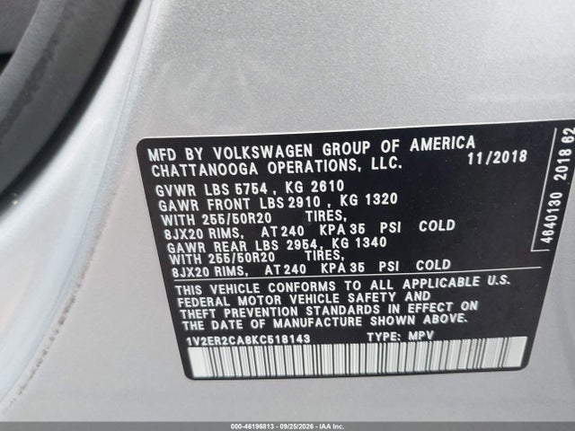 1V2ER2CA8KC518143 Volkswagen Atlas 3.6l V6 Sel