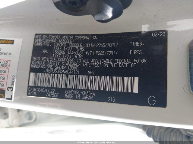 2022 Toyota 4runner Trd Off Road Premium მანქანა იყიდება აუქციონზე, vin: JTERU5JR2N6044121, აუქციონის ნომერი: 46196832