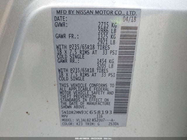 Продажа на аукционе авто 2018 Nissan Pathfinder S, vin: 5N1DR2MN9JC658193, номер лота: 46196836