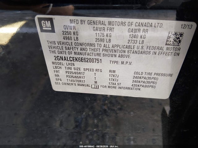46196842 :رقم المزاد ، 2GNALCEK6E6200751 vin ، 2014 Chevrolet Equinox 2lt مزاد بيع