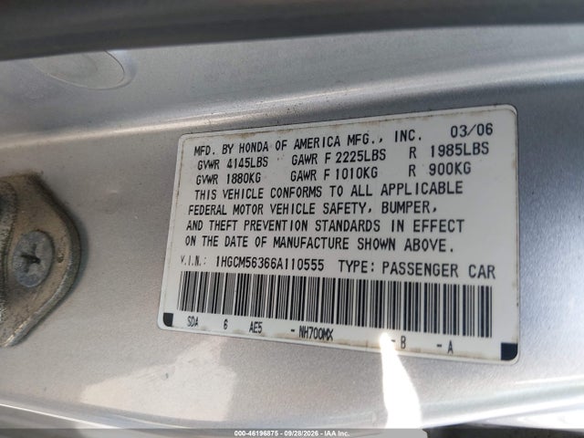 Продаж на аукціоні авто 2006 Honda Accord Sdn Lx Se, vin: 1HGCM56366A110555, номер лоту: 46196875