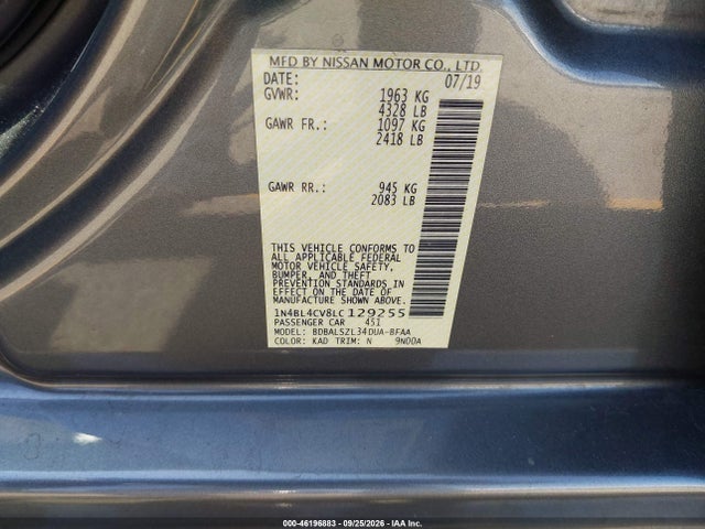46196883 :رقم المزاد ، 1N4BL4CV8LC129255 vin ، 2020 Nissan Altima Sr Fwd مزاد بيع