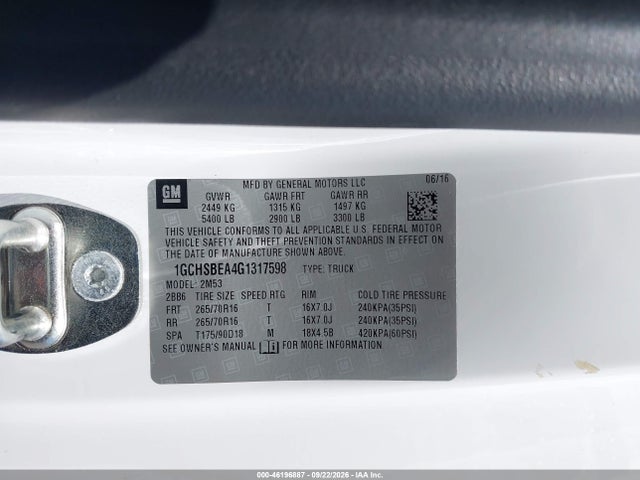 Aukcja sprzedaży 2016 Chevrolet Colorado 2wd Wt, vin: 1GCHSBEA4G1317598, numer aukcji: 46196887