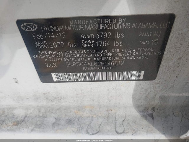 46196901 :رقم المزاد ، 5NPDH4AE6CH146812 vin ، 2012 Hyundai Elantra Gls مزاد بيع