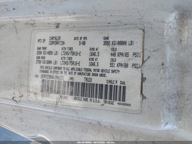 1998 Dodge Ram 2500 St მანქანა იყიდება აუქციონზე, vin: 1B7KF236XWJ241151, აუქციონის ნომერი: 46196906