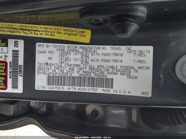 Продаж на аукціоні авто 2015 Toyota Tacoma Base V6, vin: 5TFMU4FN3FX035616, номер лоту: 46196908