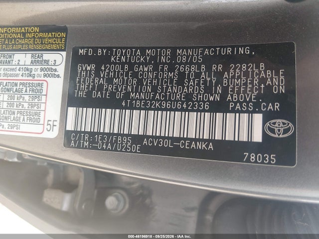 46196918 :رقم المزاد ، 4T1BE32K96U642336 vin ، 2006 Toyota Camry Le مزاد بيع