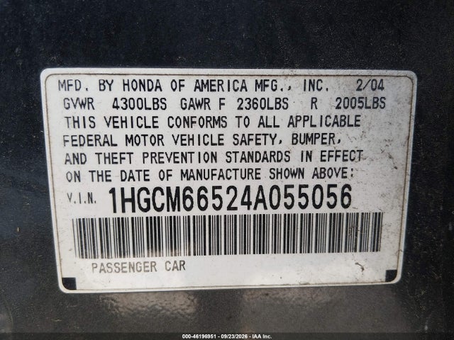 Продаж на аукціоні авто 2004 Honda Accord 3.0 Ex, vin: 1HGCM66524A055056, номер лоту: 46196951