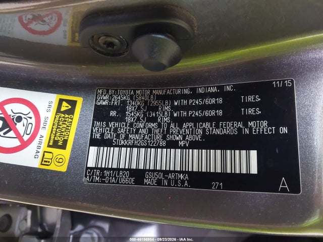 Продаж на аукціоні авто 2016 Toyota Highlander Xle, vin: 5TDKKRFH2GS122788, номер лоту: 46196954
