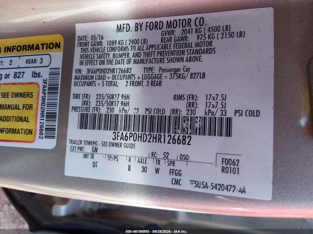 2017 Ford Fusion Se მანქანა იყიდება აუქციონზე, vin: 3FA6P0HD2HR126682, აუქციონის ნომერი: 46196955