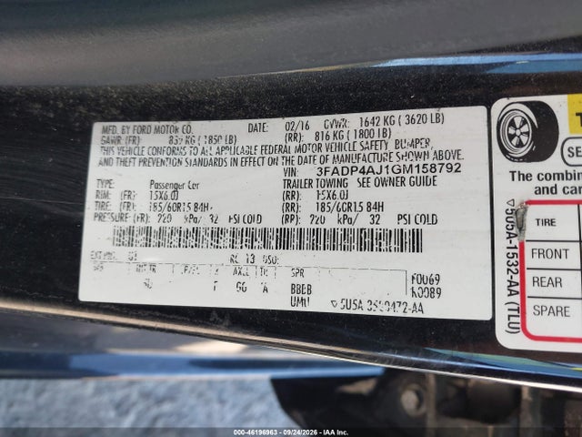 46196963 :رقم المزاد ، 3FADP4AJ1GM158792 vin ، 2016 Ford Fiesta S مزاد بيع