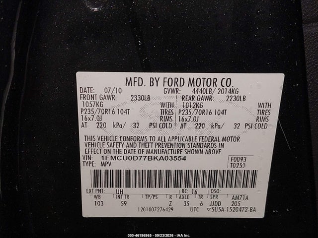 Продажа на аукционе авто 2011 Ford Escape Xlt, vin: 1FMCU0D77BKA03554, номер лота: 46196965