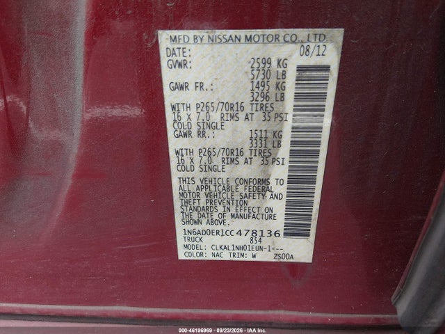 2012 Nissan Frontier S მანქანა იყიდება აუქციონზე, vin: 1N6AD0ER1CC478136, აუქციონის ნომერი: 46196969