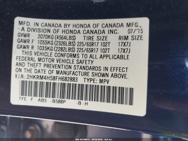 Продаж на аукціоні авто 2015 Honda Cr-v Ex, vin: 2HKRM4H58FH682883, номер лоту: 46196975