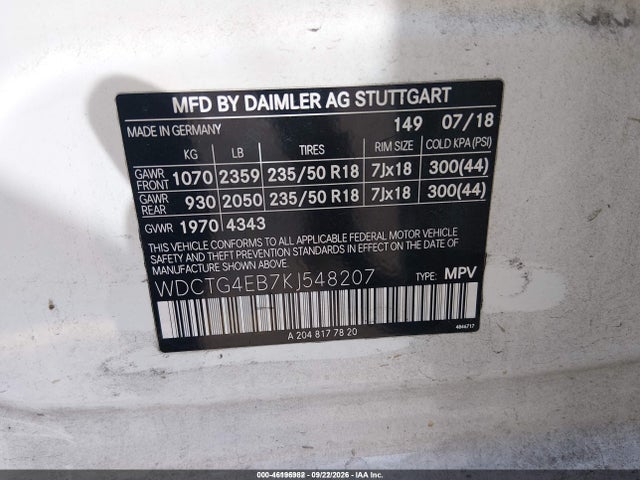 46196982 :رقم المزاد ، WDCTG4EB7KJ548207 vin ، 2019 Mercedes-benz Gla 250 مزاد بيع
