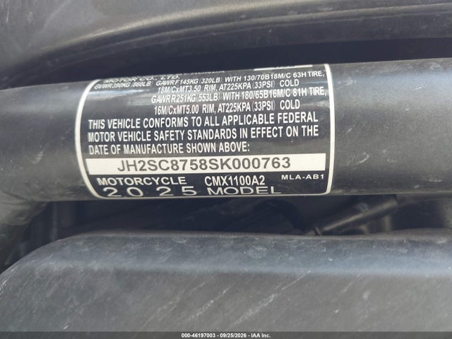 Продаж на аукціоні авто 2025 Honda Cmx1100 A2, vin: JH2SC8758SK000763, номер лоту: 46197003