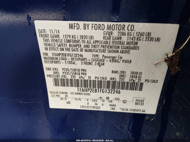 2015 Ford Taurus Sel მანქანა იყიდება აუქციონზე, vin: 1FAHP2E81FG132246, აუქციონის ნომერი: 46197010