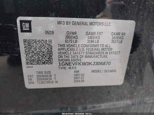 Продажа на аукционе авто 2019 Chevrolet Traverse Ls, vin: 1GNEVFKW3KJ306870, номер лота: 46197043