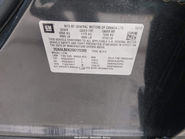 Aukcja sprzedaży 2013 Chevrolet Equinox Ls, vin: 2GNALBEK2D6172388, numer aukcji: 46197047