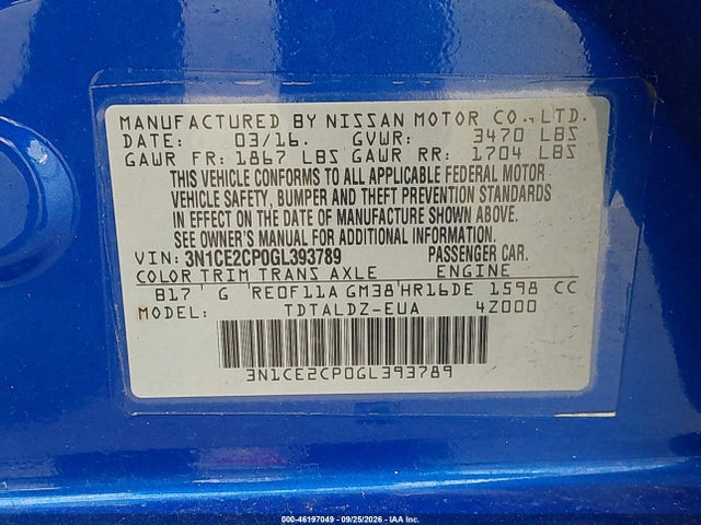 46197049 :رقم المزاد ، 3N1CE2CP0GL393789 vin ، 2016 Nissan Versa Note Sv مزاد بيع
