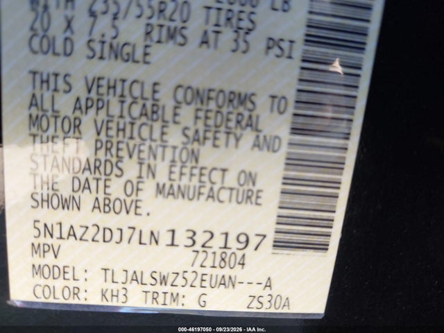 Продаж на аукціоні авто 2020 Nissan Murano Platinum Fwd, vin: 5N1AZ2DJ7LN132197, номер лоту: 46197050