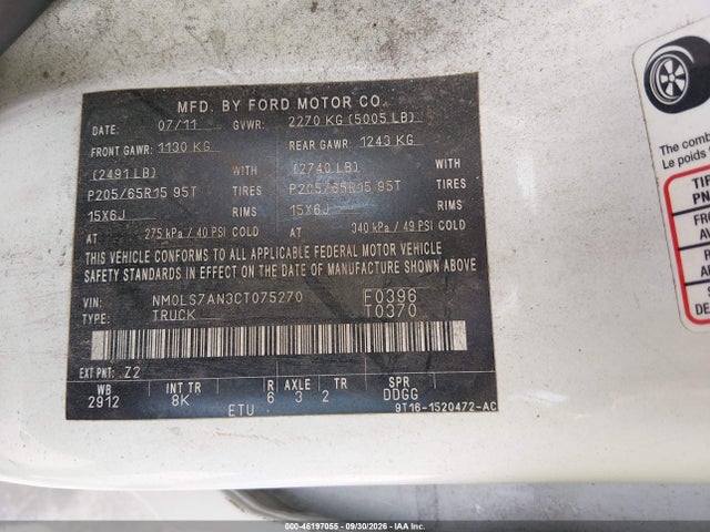 46197055 :رقم المزاد ، NM0LS7AN3CT075270 vin ، 2012 Ford Transit Connect Xl مزاد بيع