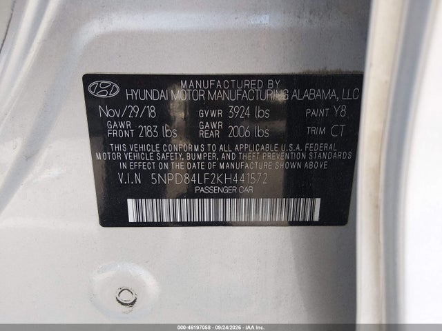 Aukcja sprzedaży 2019 Hyundai Elantra Sel, vin: 5NPD84LF2KH441572, numer aukcji: 46197058